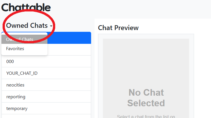 A dropdown menu appears when you click 'Owned Chats' in the upper left corner.